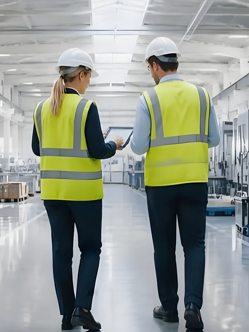 Two engineers looking at a tablet on a production floor